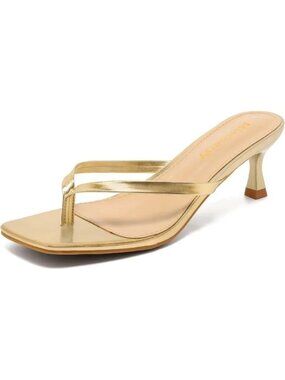 omen's Kitten Heels Thong Sandals Open Square Toe Flip Flop Gold 7.5